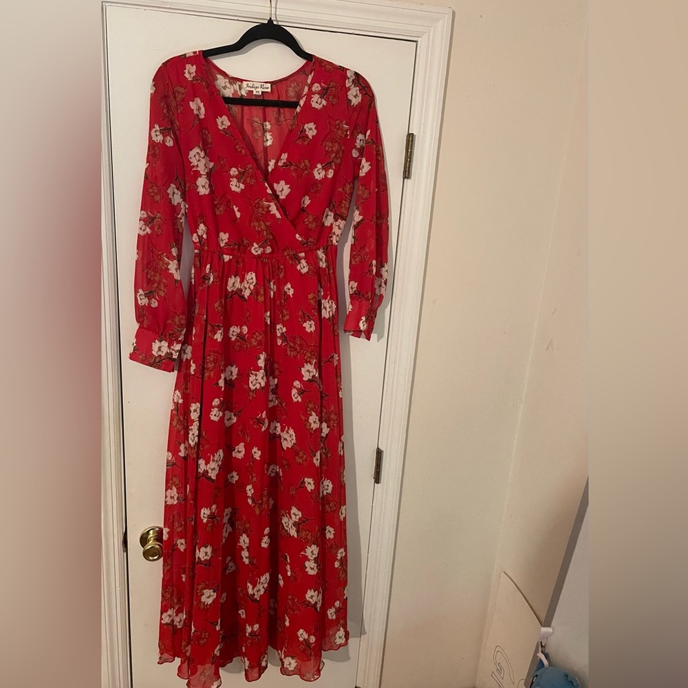 Red Floral Long Sleeve Wrap Dress for Wedding Guest
